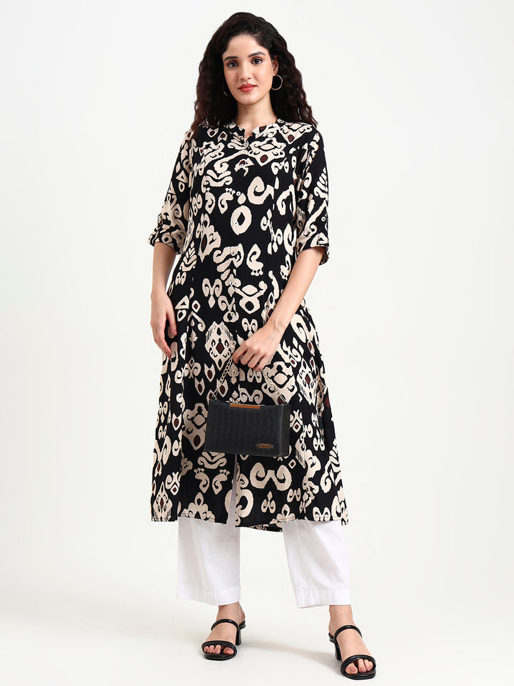 Divena Black Asymetric Print Rayon Kurta