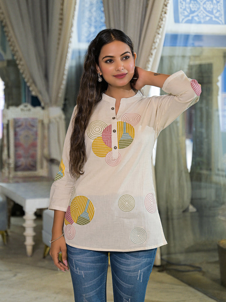 Divena Offwhite Embroidery Cotton Fabric Straight Top