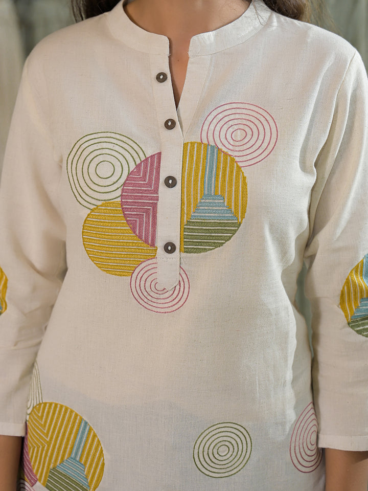 Divena Offwhite Embroidery Cotton Fabric Straight Top