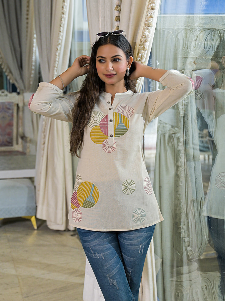 Divena Offwhite Embroidery Cotton Fabric Straight Top