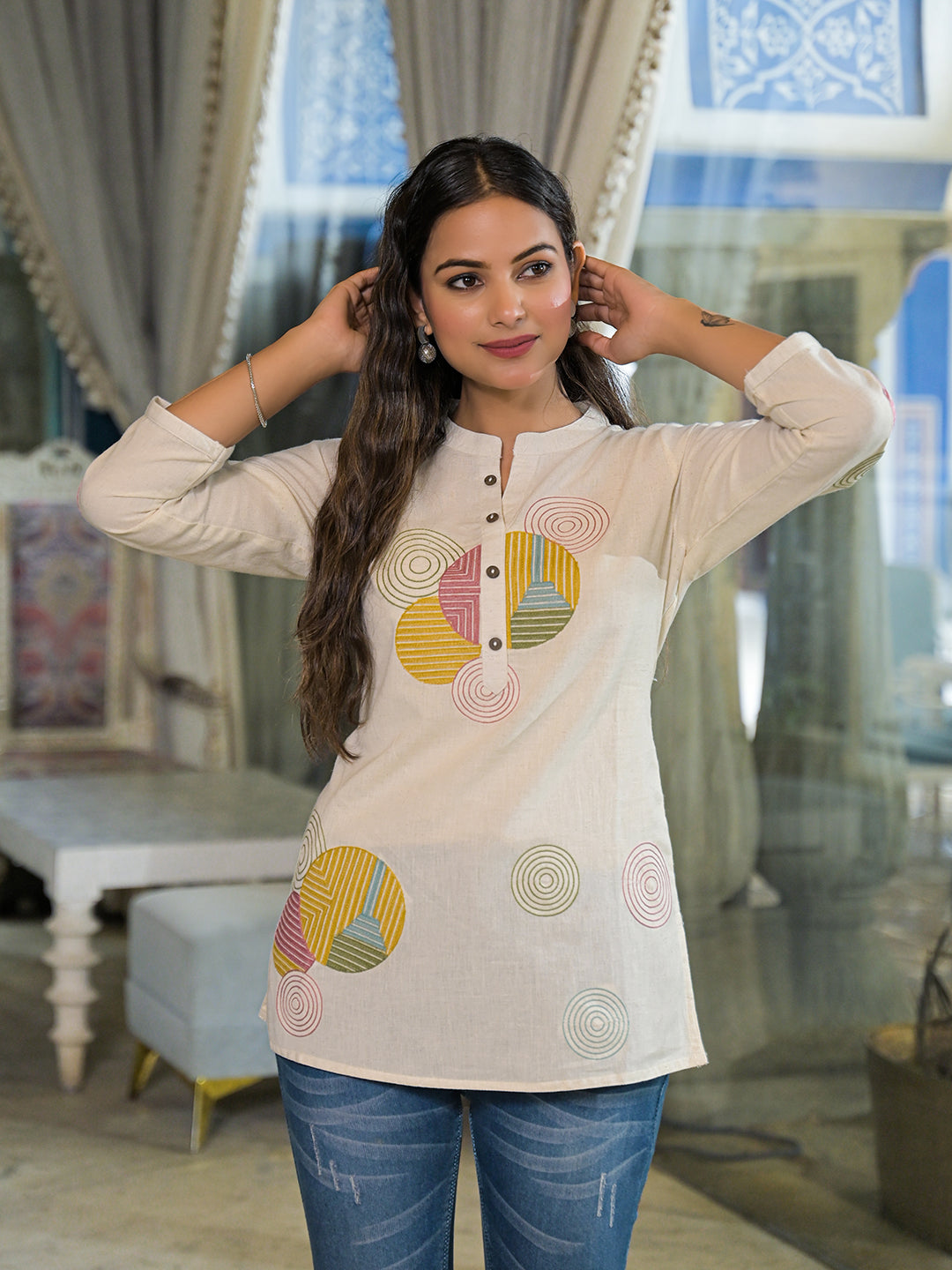 Divena Offwhite Embroidery Cotton Fabric Straight Top