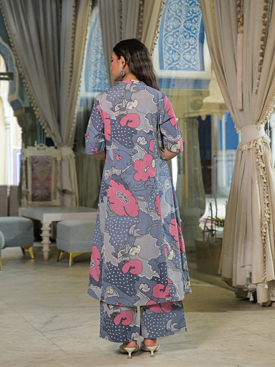 Divena Grey Floral Print A-Line Cotton Kurta Pant Sets