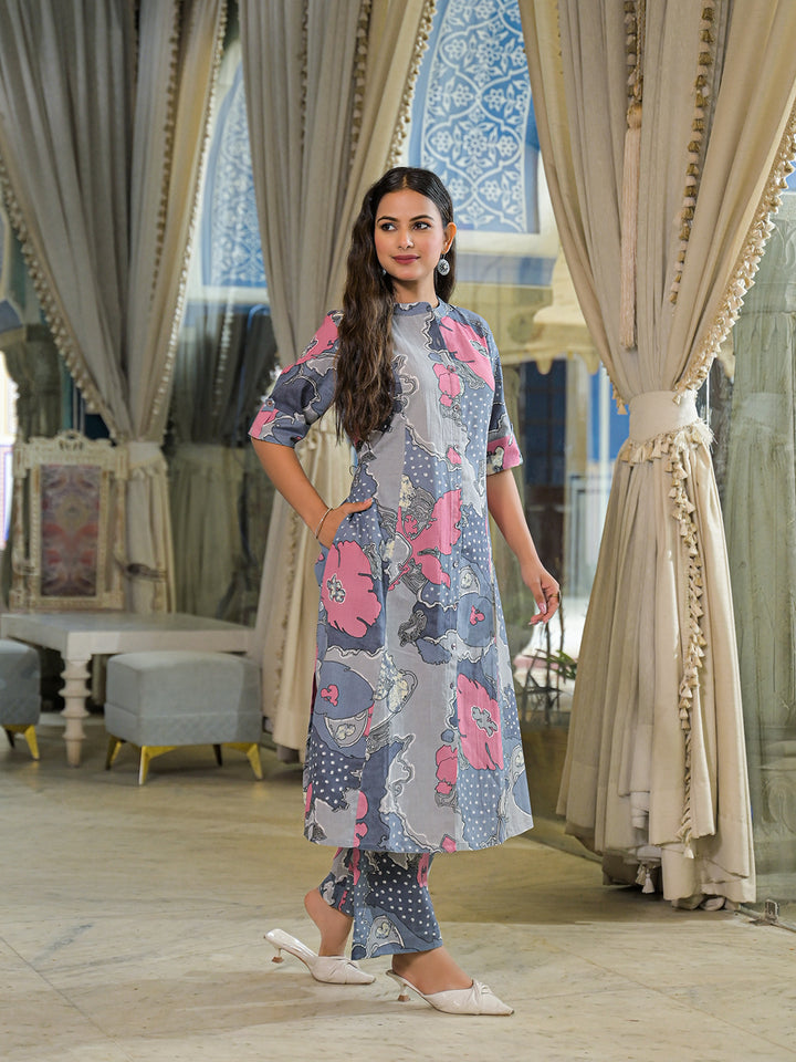 Divena Grey Floral Print A-Line Cotton Kurta Pant Sets