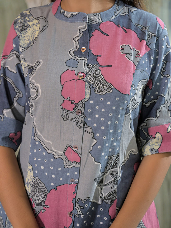 Divena Grey Floral Print A-Line Cotton Kurta Pant Sets