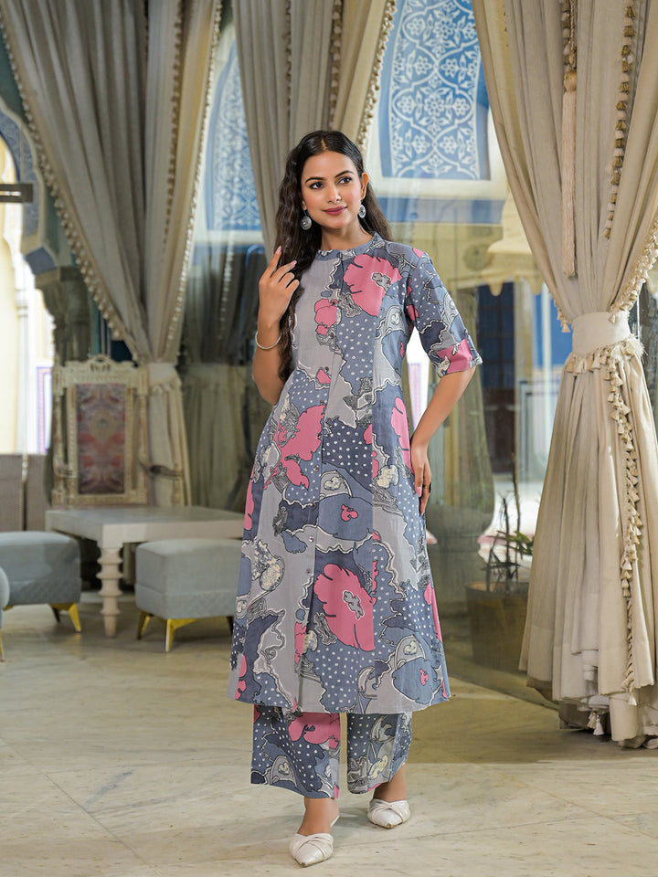 Divena Grey Floral Print A-Line Cotton Kurta Pant Sets