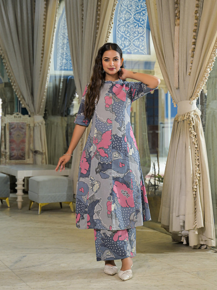 Divena Grey Floral Print A-Line Cotton Kurta Pant Sets