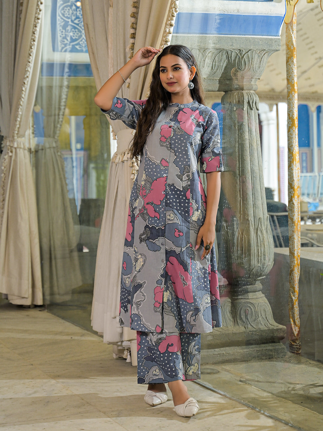 Divena Grey Floral Print A-Line Cotton Kurta Pant Sets
