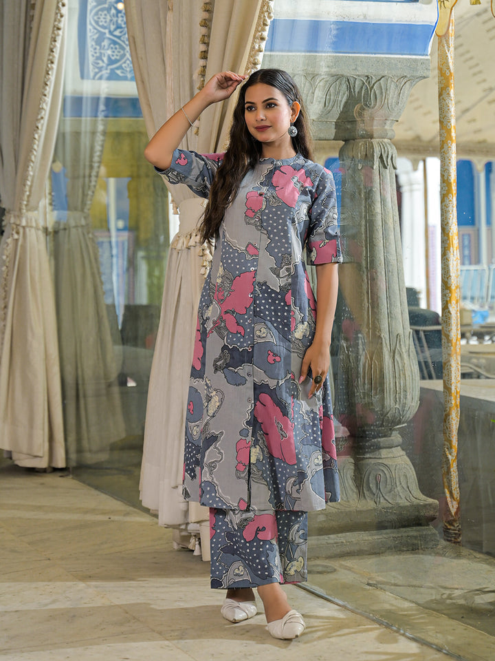 Divena Grey Floral Print A-Line Cotton Kurta Pant Sets