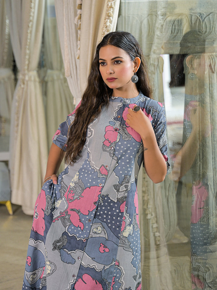 Divena Grey Floral Print A-Line Cotton Kurta Pant Sets