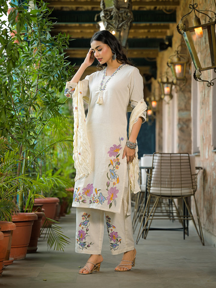 Divena Off White Embroidered Cotton Kurta Sets With Dupatta
