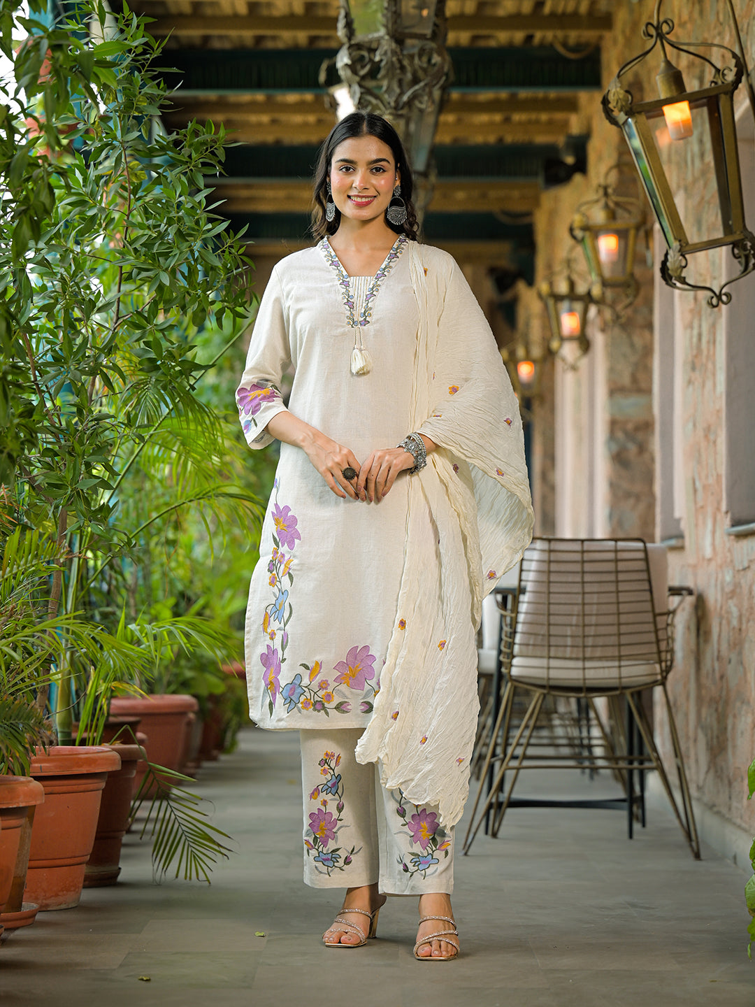 Divena Off White Embroidered Cotton Kurta Sets With Dupatta