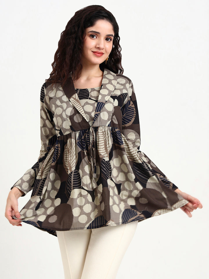 Divena Grey Floral Print Cotton Top