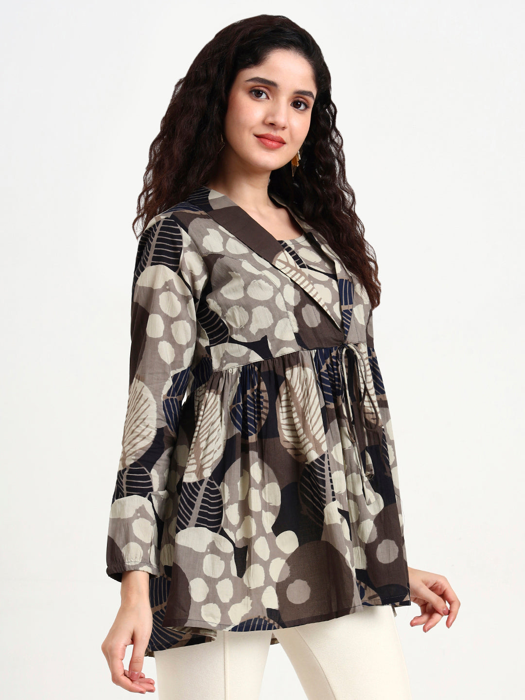 Divena Grey Floral Print Cotton Top