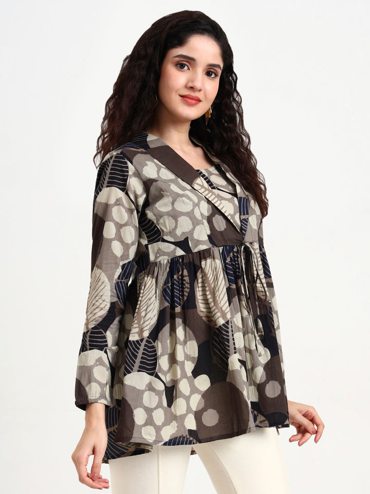 Divena Grey Floral Print Cotton Top