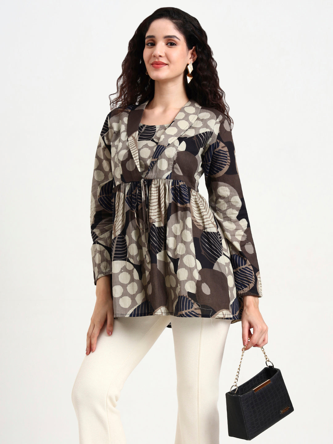 Divena Grey Floral Print Cotton Top