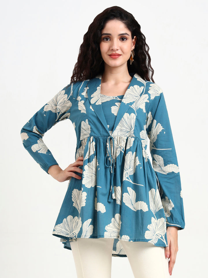 Divena Teal Blue Floral Print Cotton Top