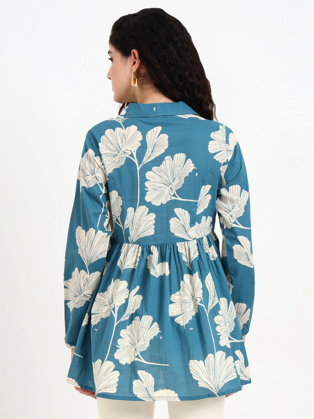 Divena Teal Blue Floral Print Cotton Top