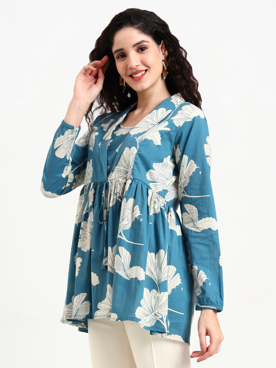 Divena Teal Blue Floral Print Cotton Top