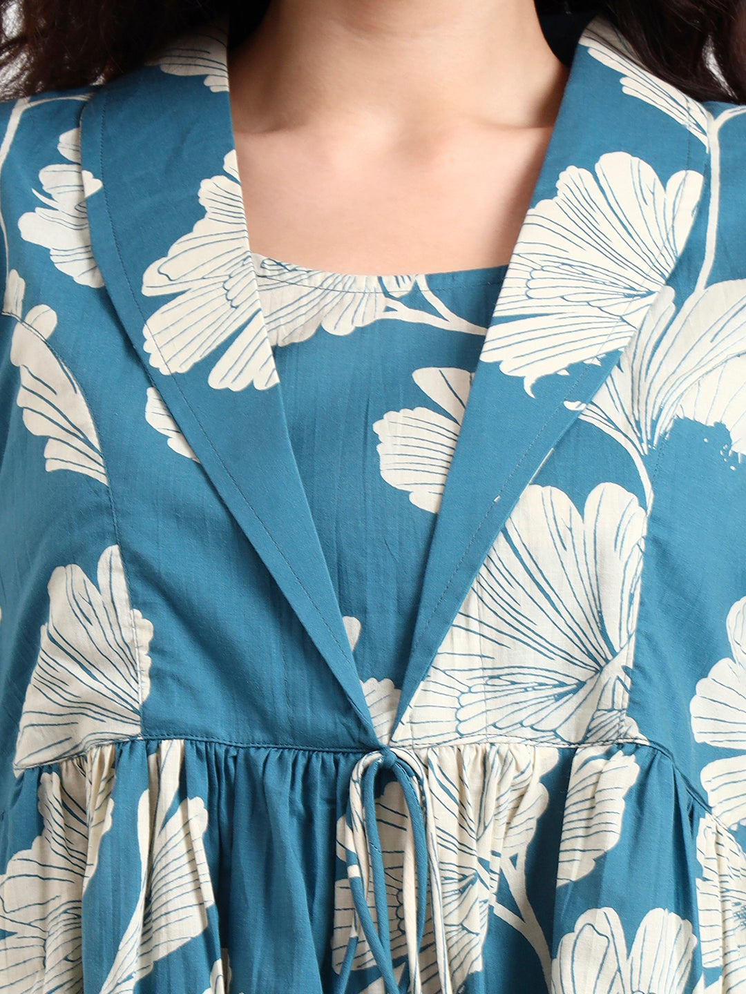 Divena Teal Blue Floral Print Cotton Top