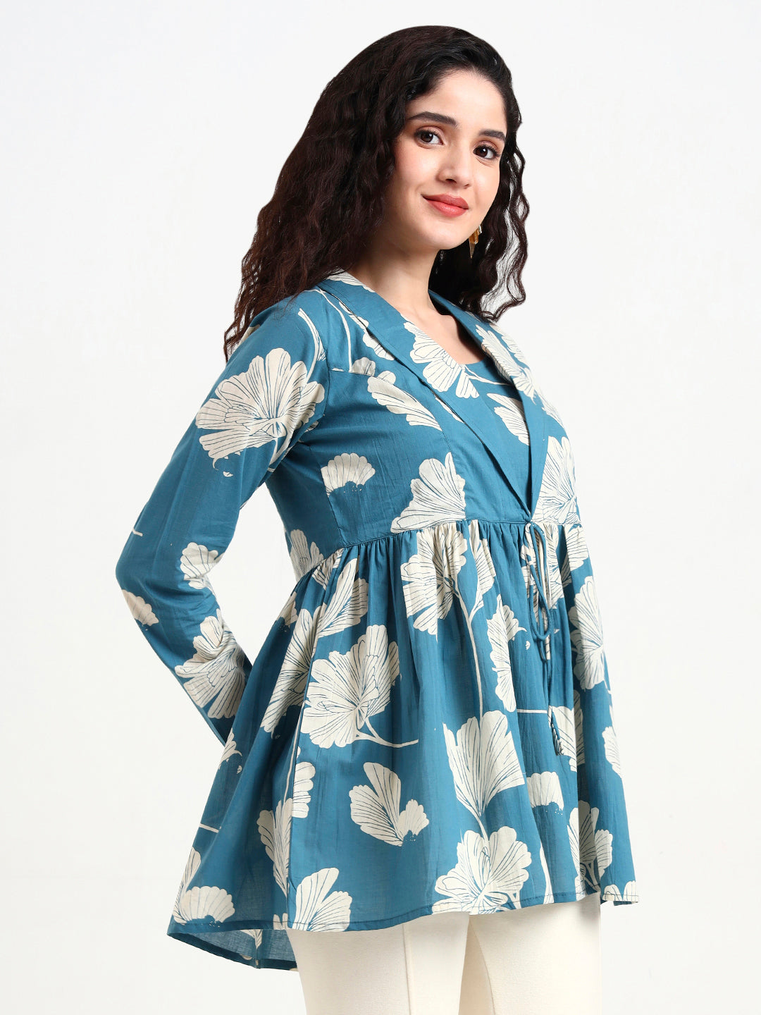 Divena Teal Blue Floral Print Cotton Top