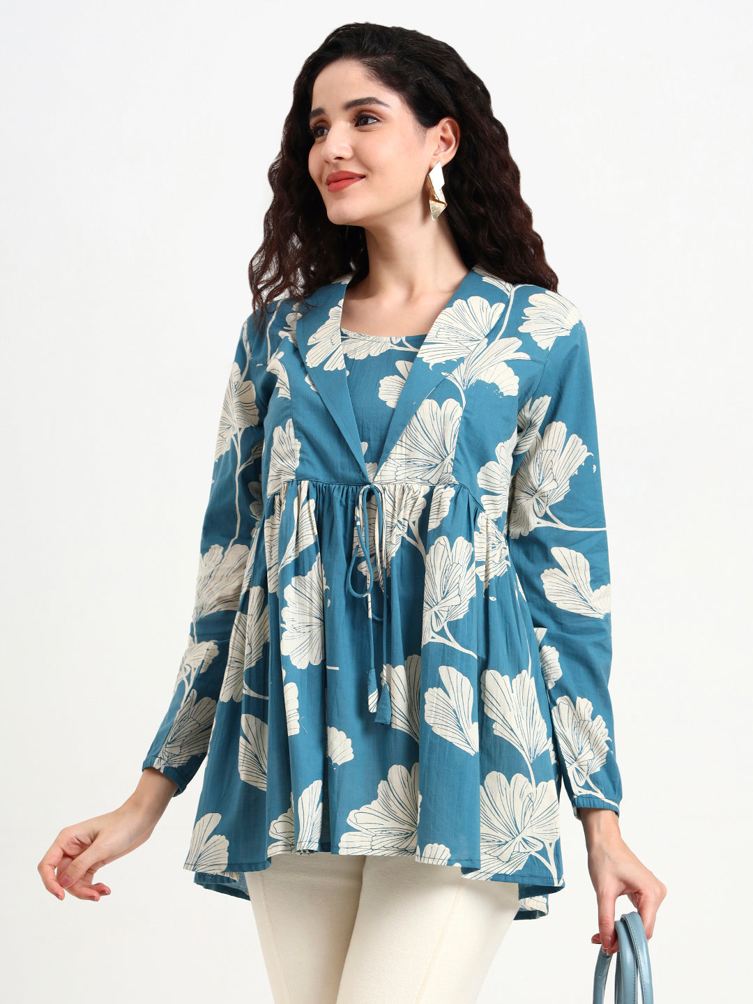 Divena Teal Blue Floral Print Cotton Top