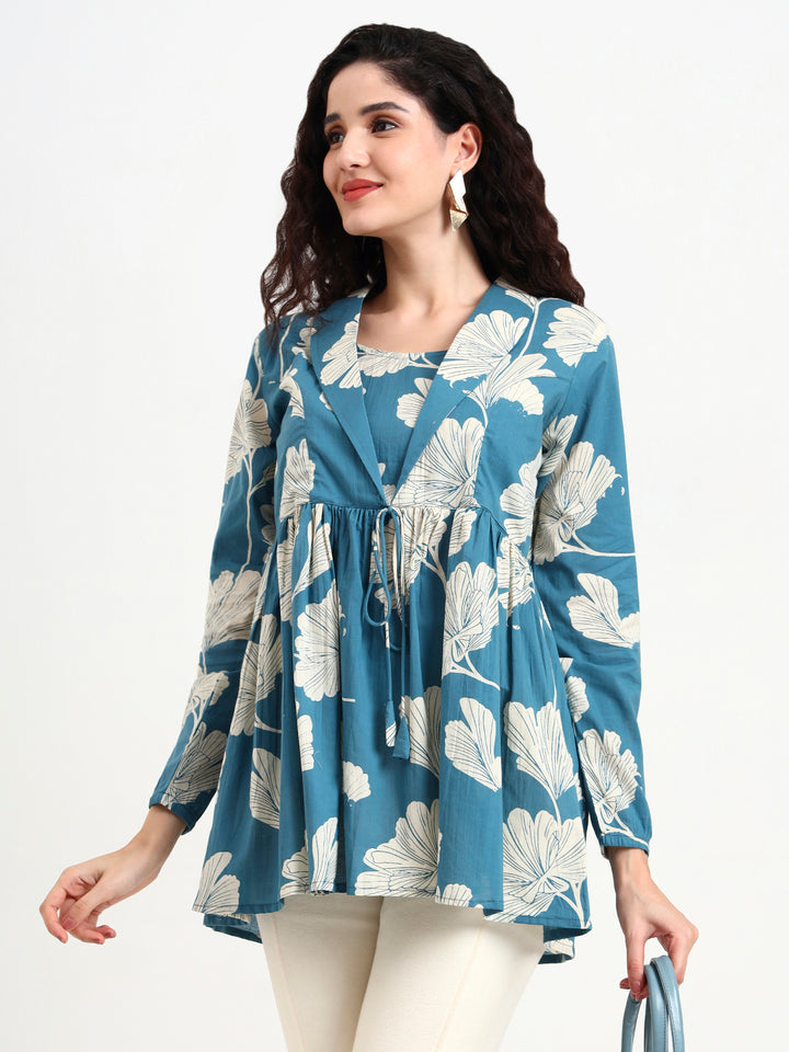 Divena Teal Blue Floral Print Cotton Top