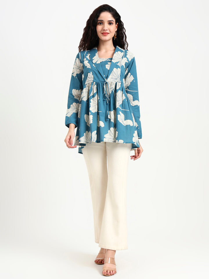 Divena Teal Blue Floral Print Cotton Top