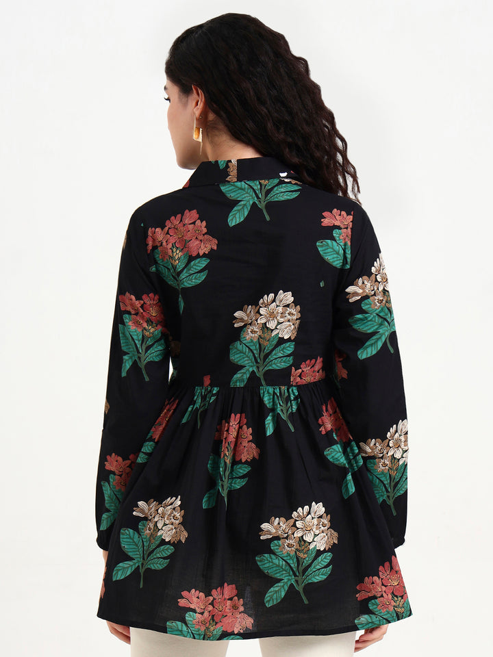 Divena Black Floral Print Cotton Top
