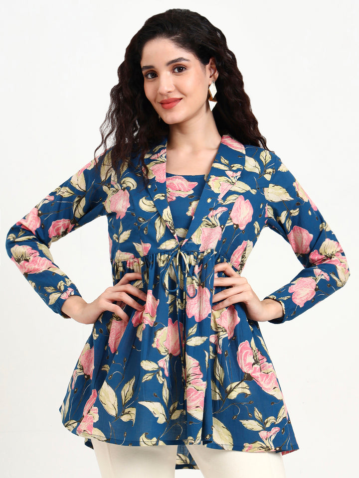 Divena Navy Blue Floral Print Cotton Top