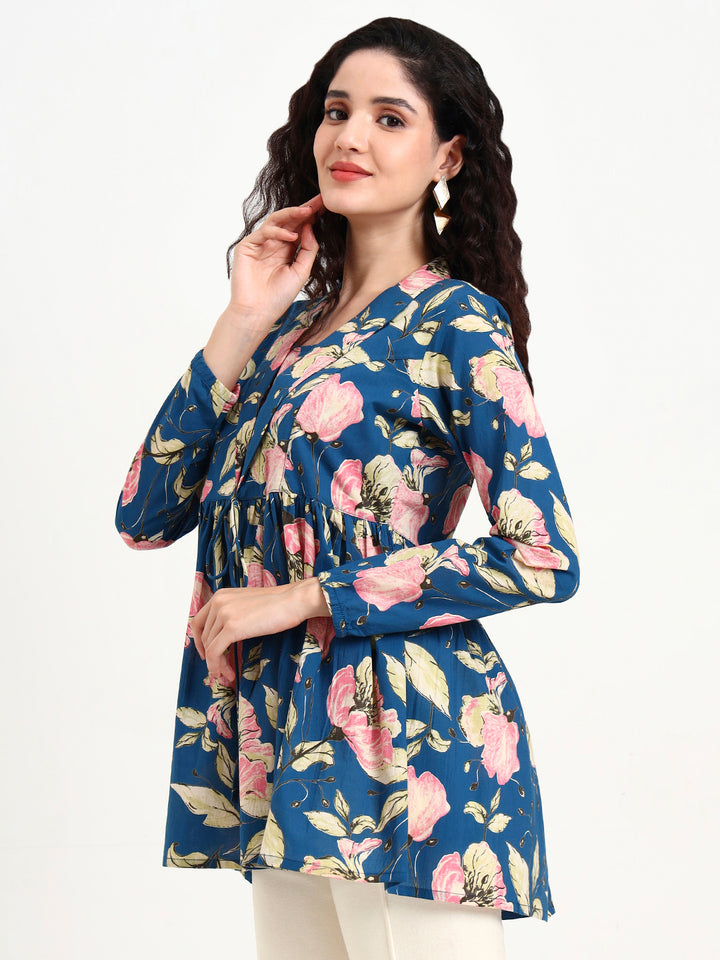 Divena Navy Blue Floral Print Cotton Top