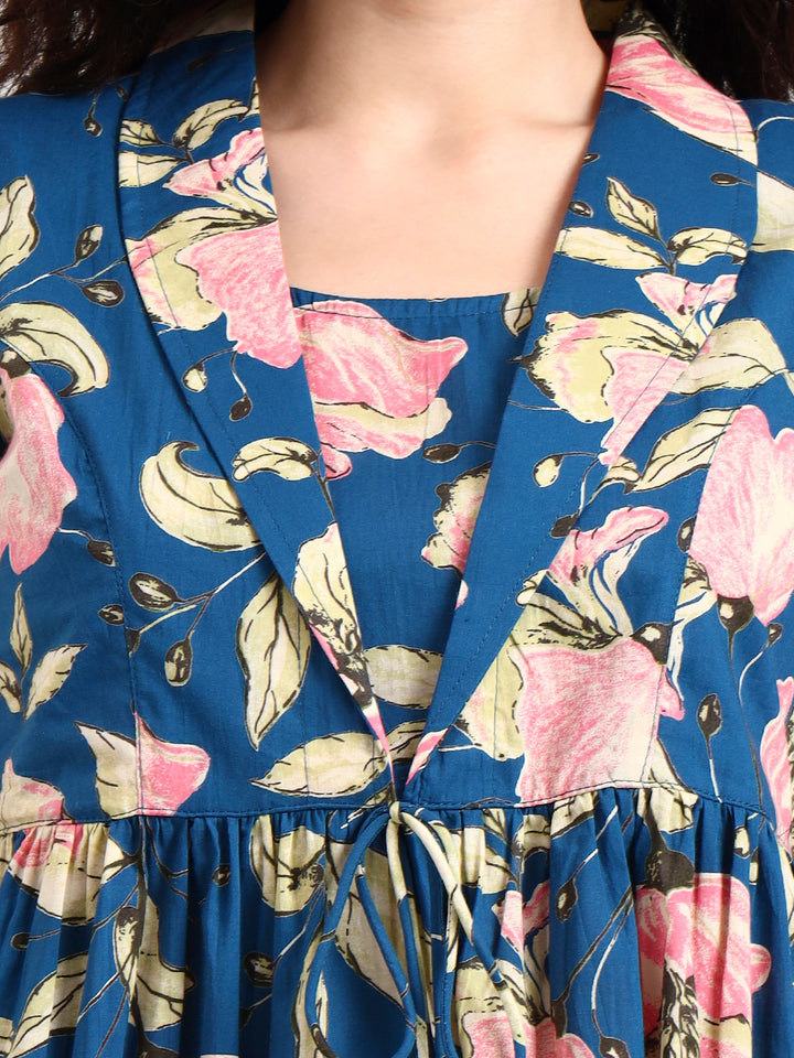 Divena Navy Blue Floral Print Cotton Top