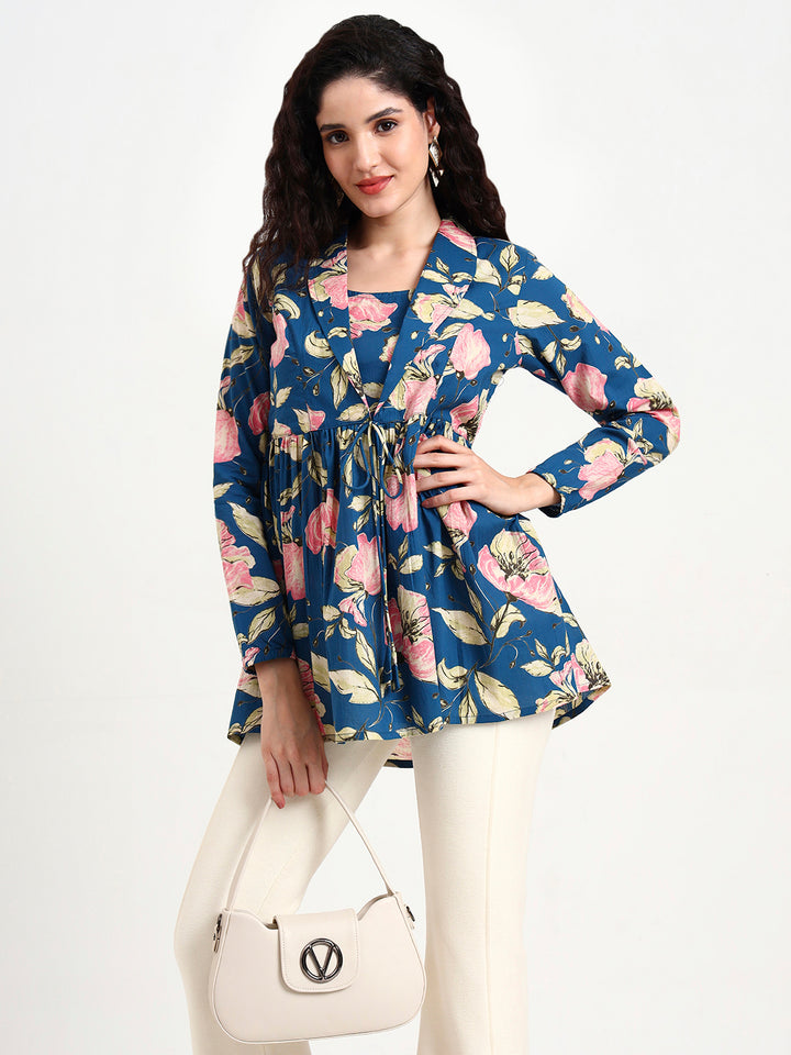Divena Navy Blue Floral Print Cotton Top