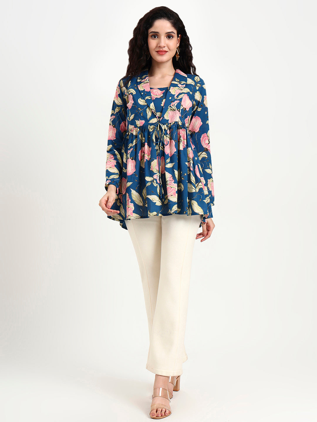 Divena Navy Blue Floral Print Cotton Top