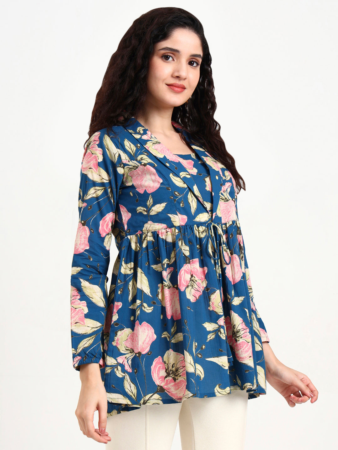 Divena Navy Blue Floral Print Cotton Top