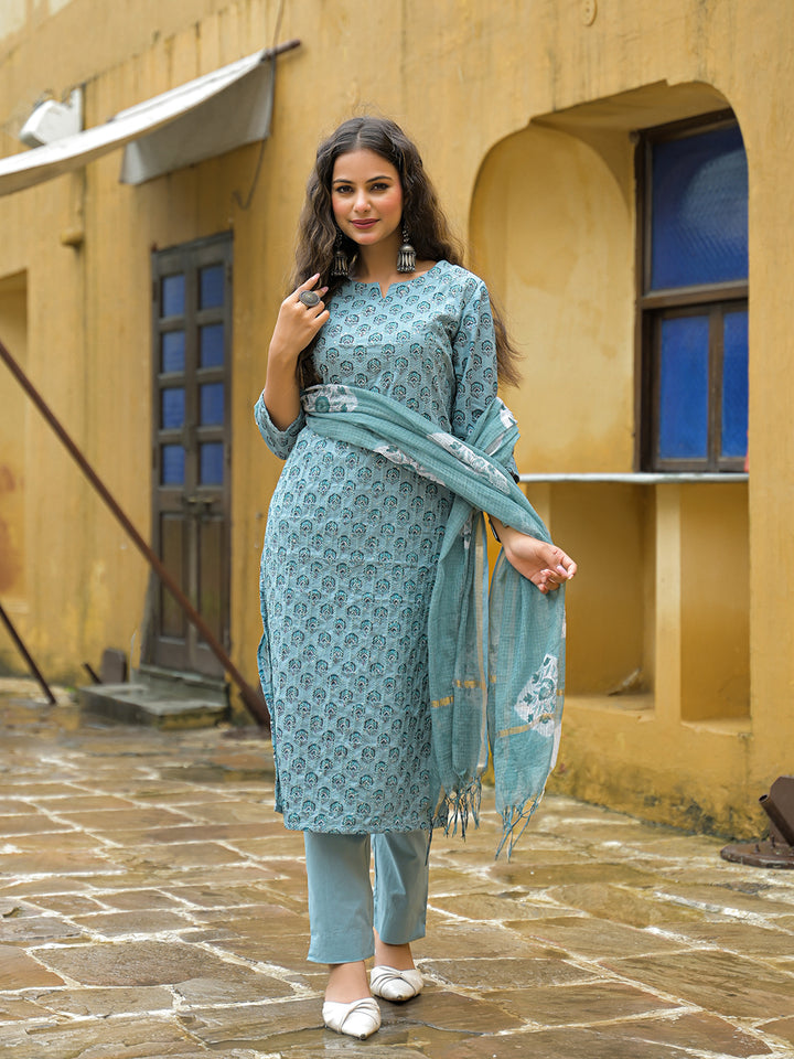 Divena Blue Embroidered Cotton Straight Kurta Pant Set With Dupatta