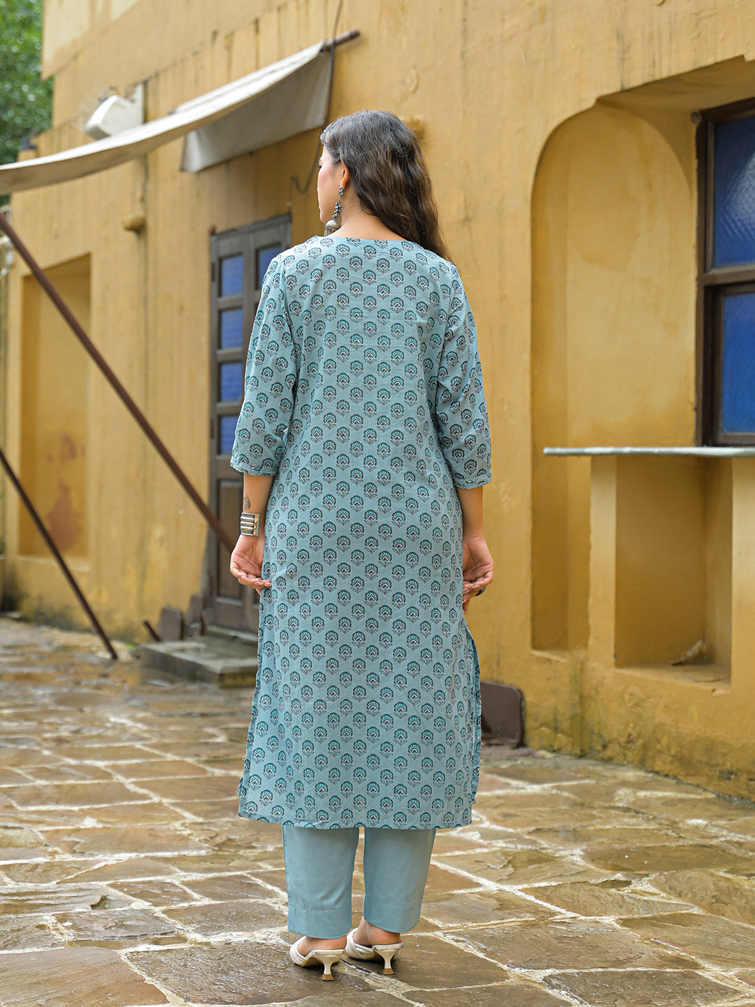 Divena Blue Embroidered Cotton Straight Kurta Pant Set With Dupatta