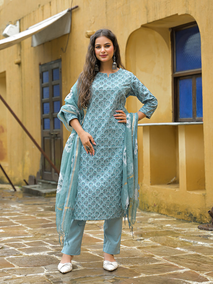 Divena Blue Embroidered Cotton Straight Kurta Pant Set With Dupatta