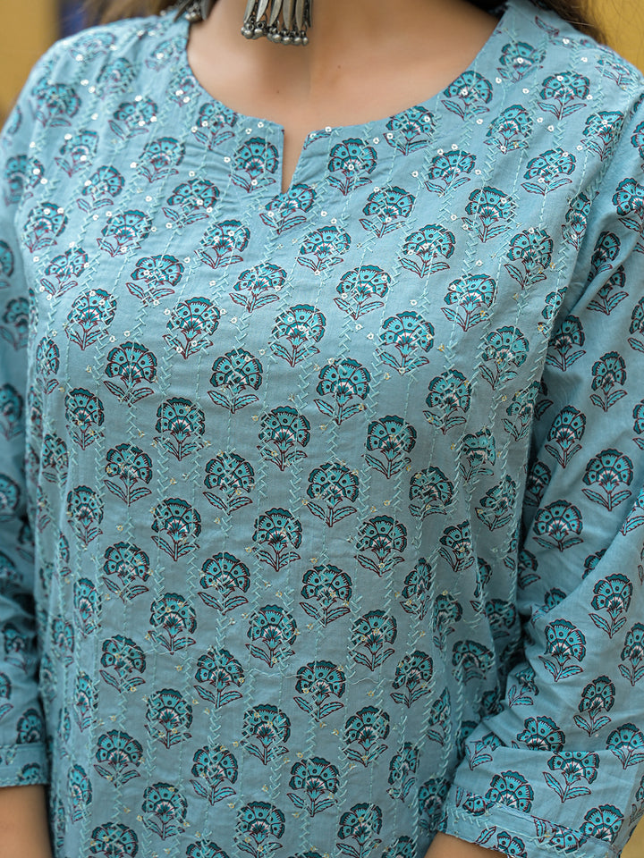Divena Blue Embroidered Cotton Straight Kurta Pant Set With Dupatta
