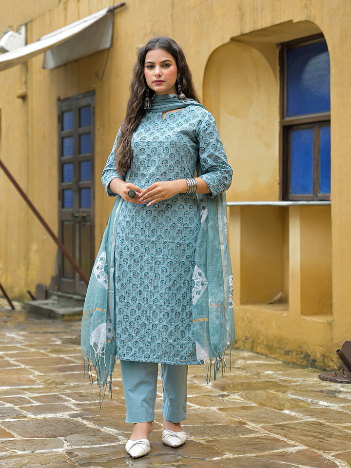 Divena Blue Embroidered Cotton Straight Kurta Pant Set With Dupatta