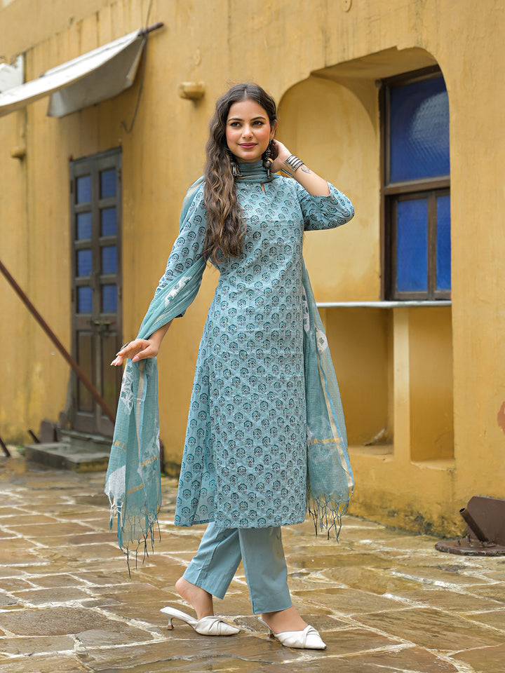 Divena Blue Embroidered Cotton Straight Kurta Pant Set With Dupatta