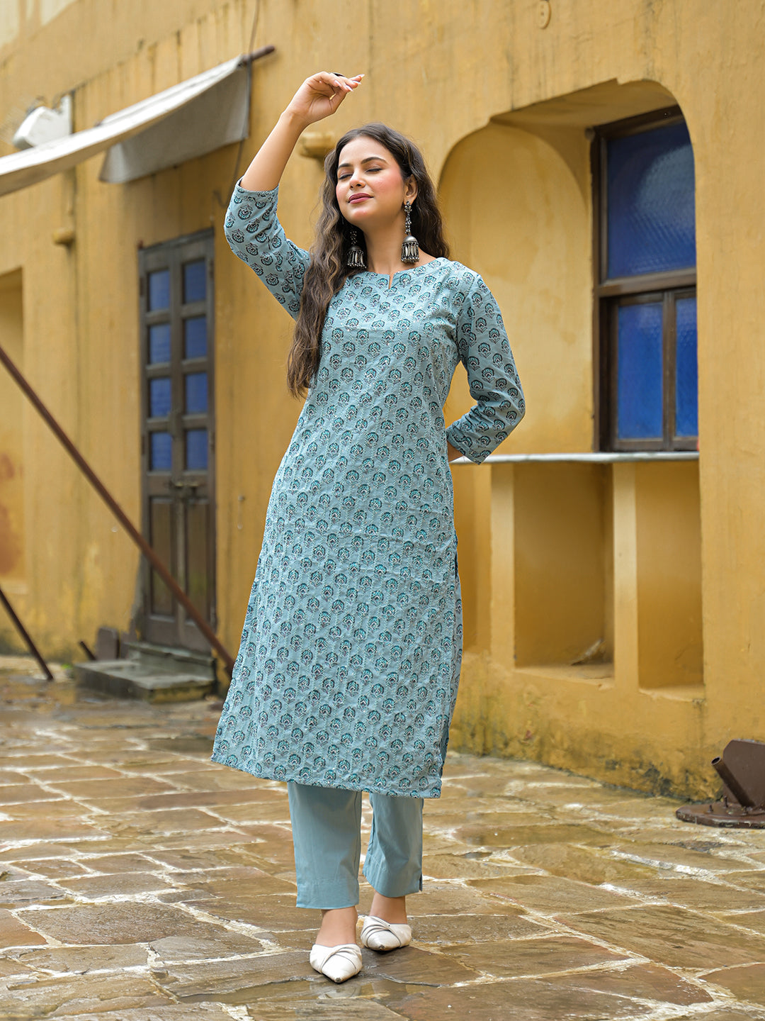 Divena Blue Embroidered Cotton Straight Kurta Pant Set With Dupatta