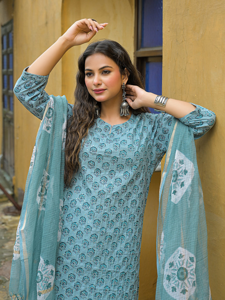 Divena Blue Embroidered Cotton Straight Kurta Pant Set With Dupatta
