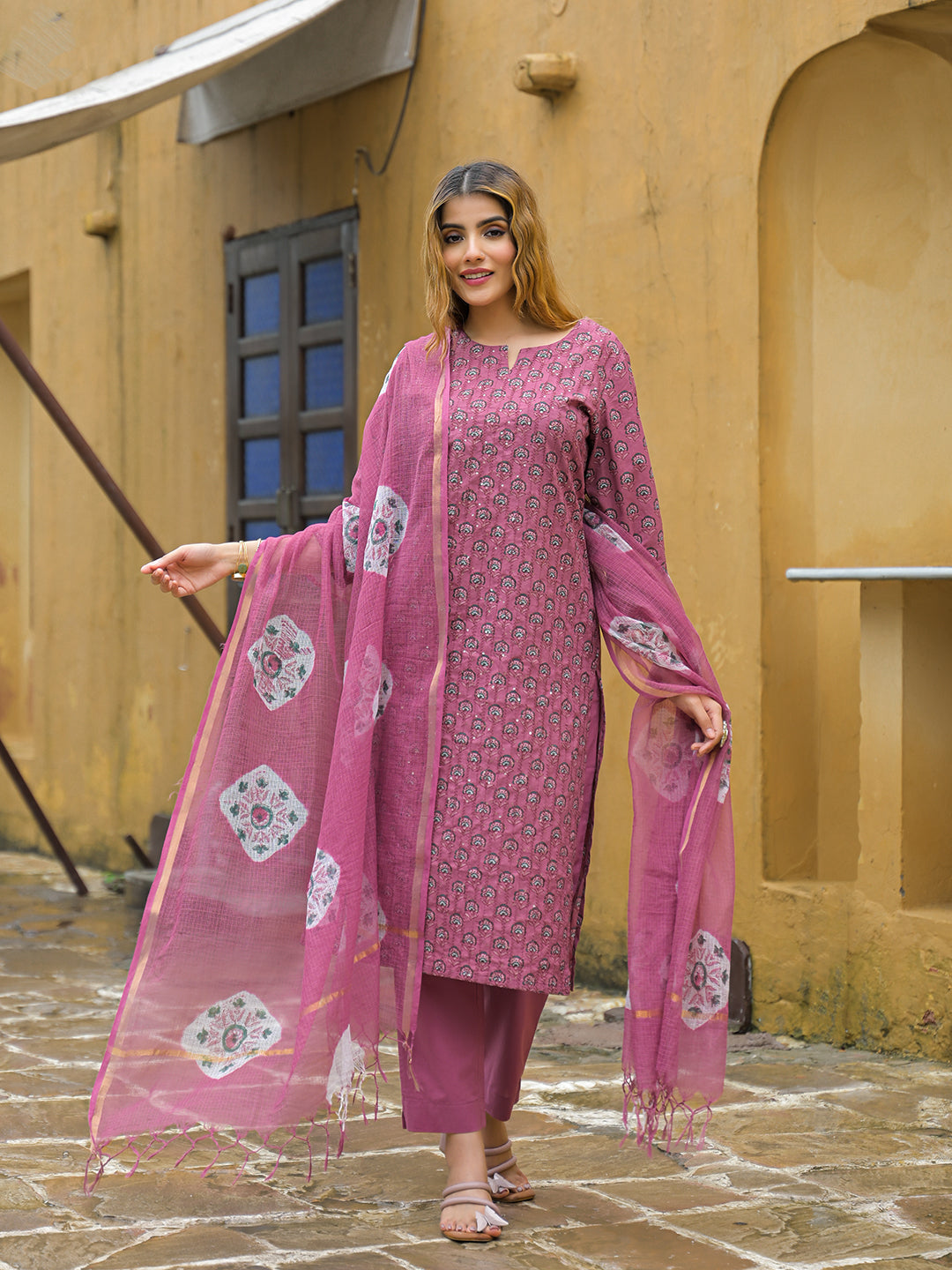 Divena Pink Embroidered Cotton Straight Kurta Pant Set With Dupatta