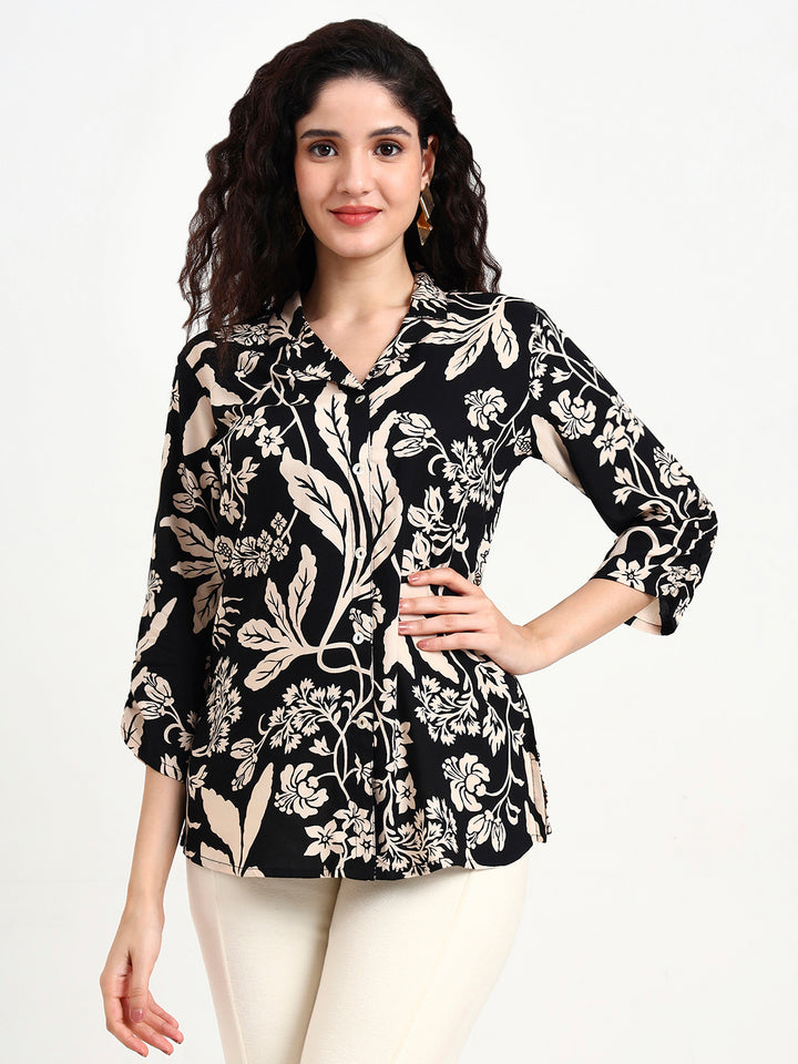 Divena Black Floral Print Rayon Top