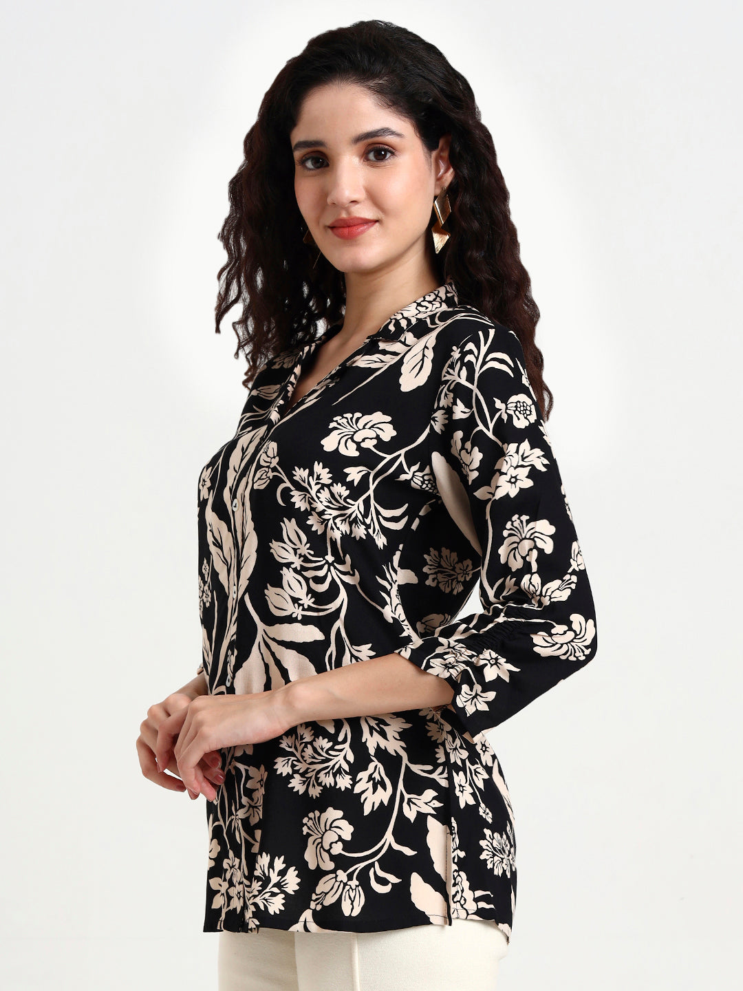 Divena Black Floral Print Rayon Top