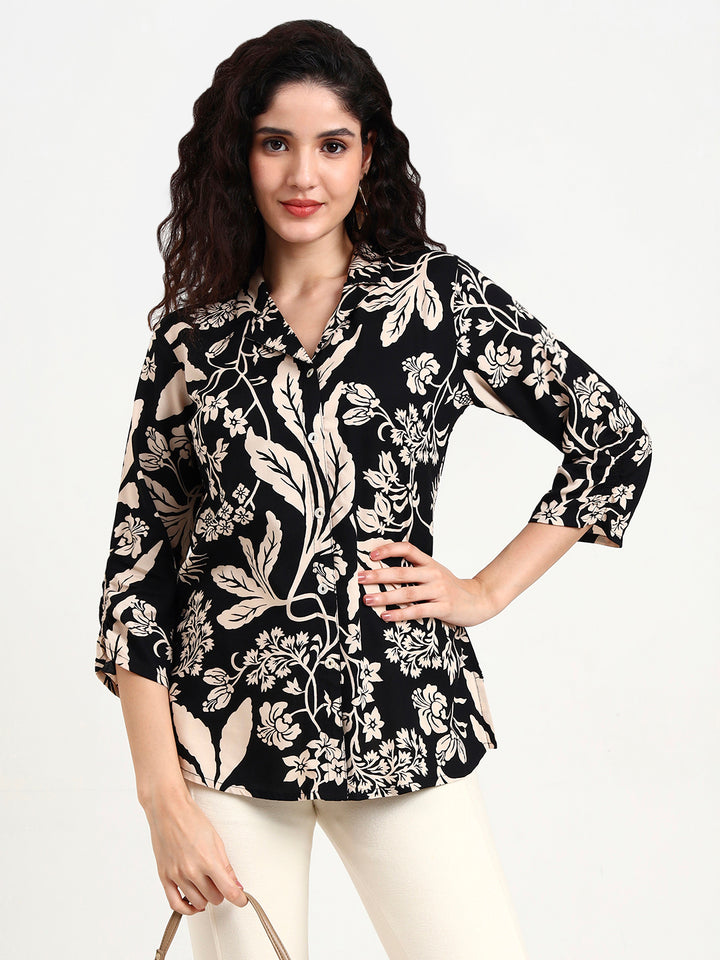 Divena Black Floral Print Rayon Top