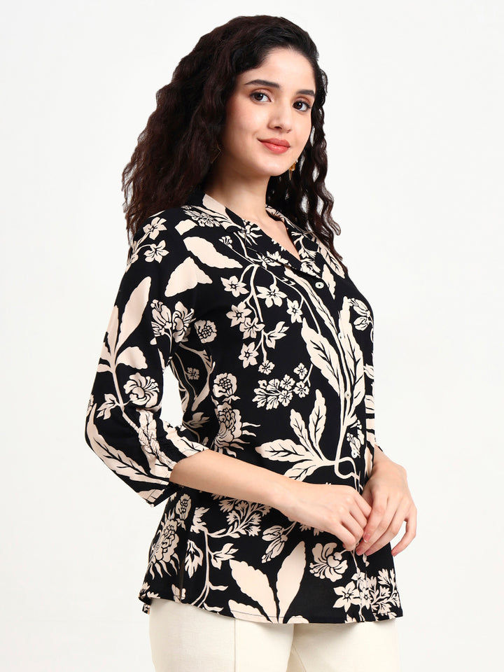 Divena Black Floral Print Rayon Top