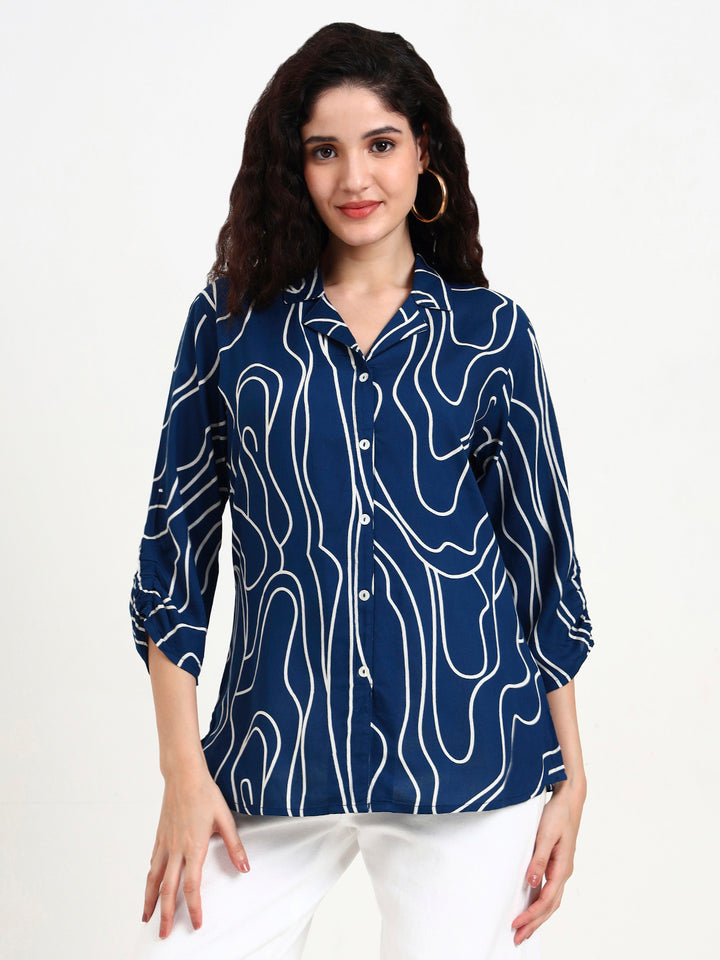 Divena Teal Blue Asymetric Print Rayon Top
