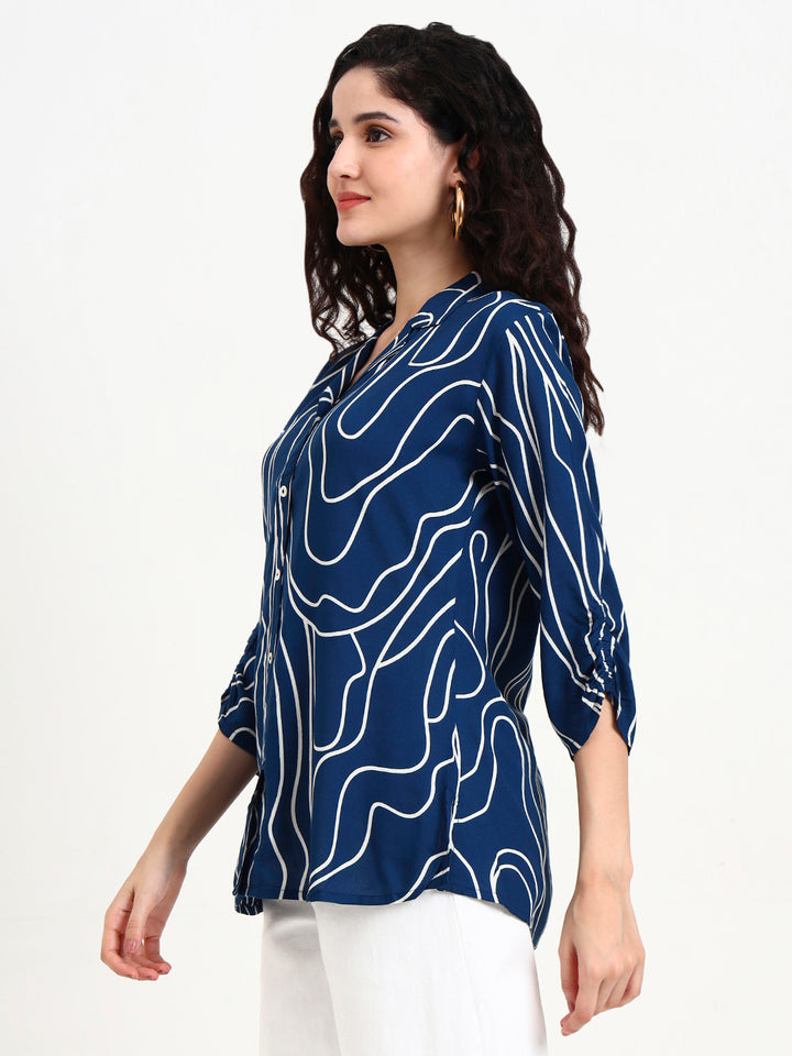 Divena Teal Blue Asymetric Print Rayon Top