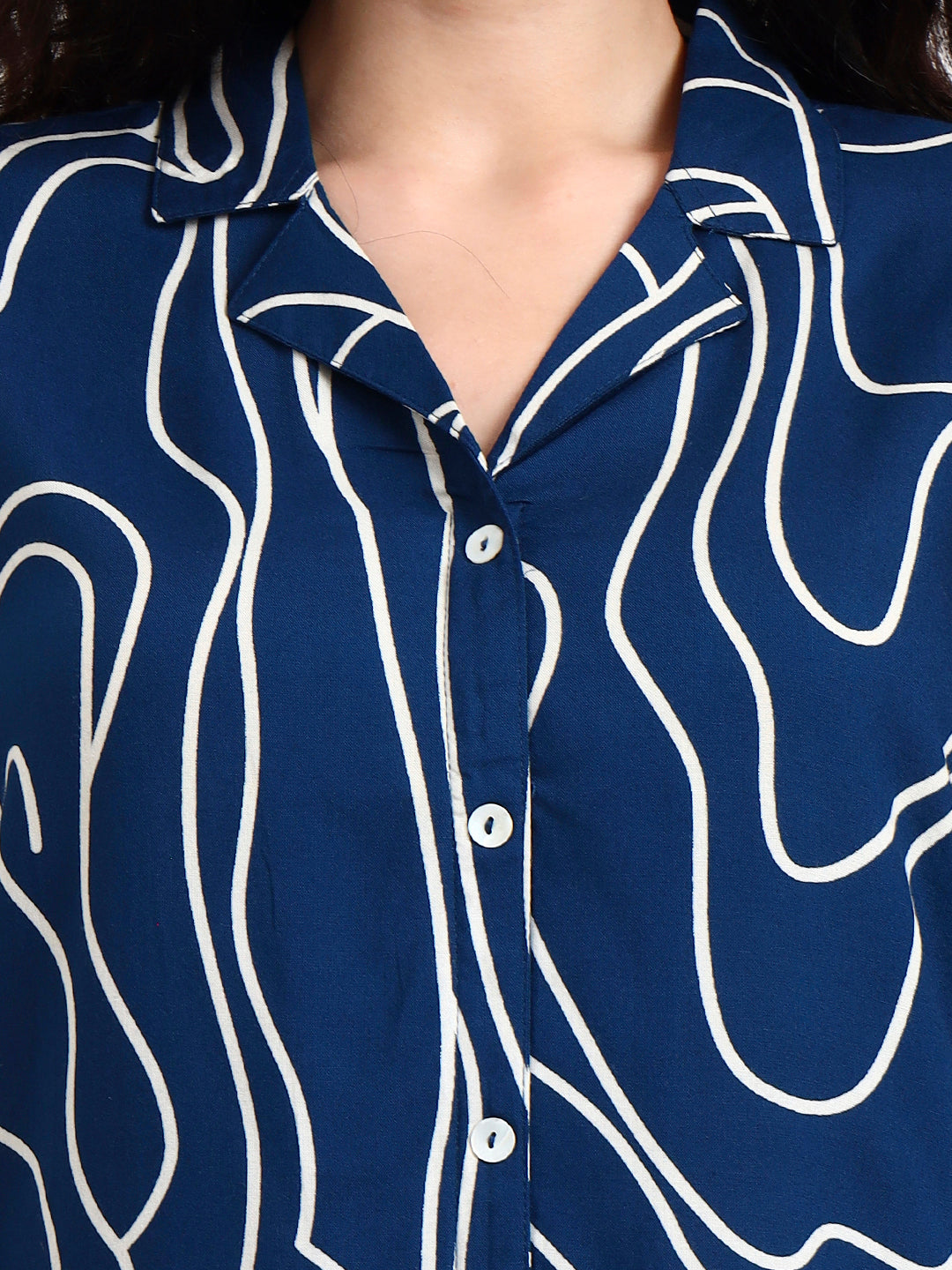 Divena Teal Blue Asymetric Print Rayon Top